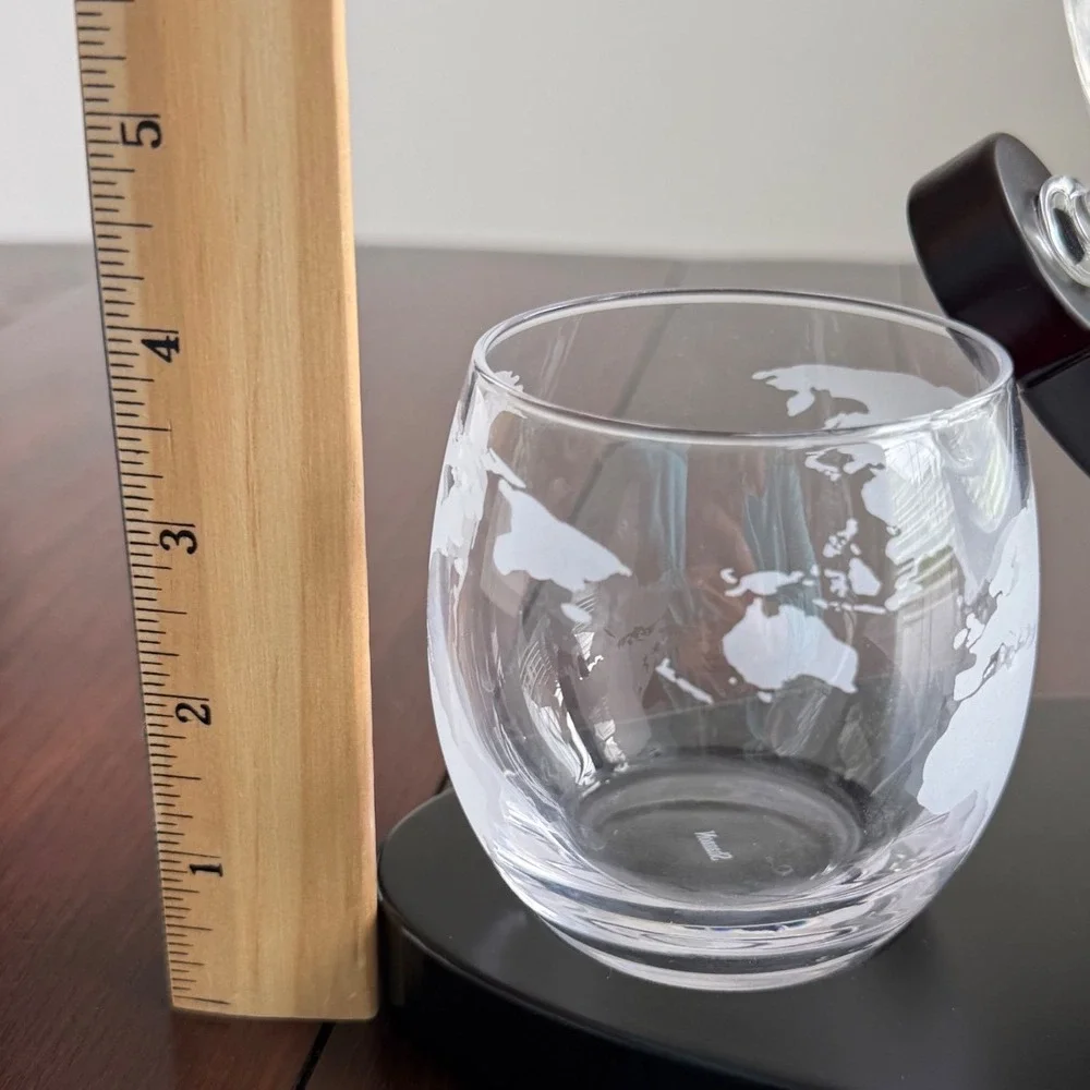 Globe Whiskey Decanter Set with Ship Inside 2‎ Etched Glasses Mahogany Base